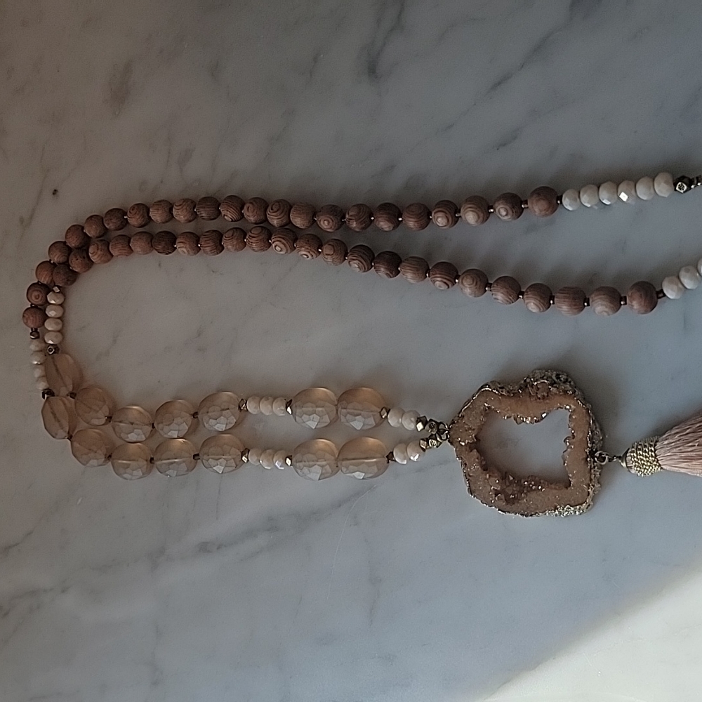 Anthropologie Nakamol Crystal Druzy Beaded Long Necklace Tassel - Picture 5 of 7